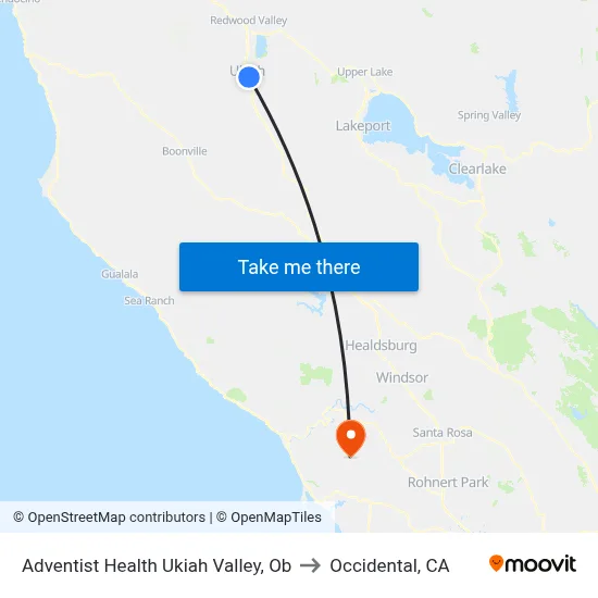 Adventist Health Ukiah Valley, Ob to Occidental, CA map