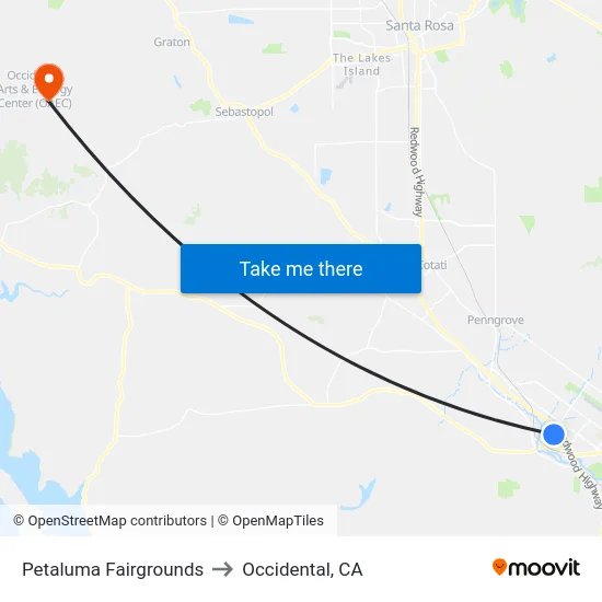 Petaluma Fairgrounds to Occidental, CA map
