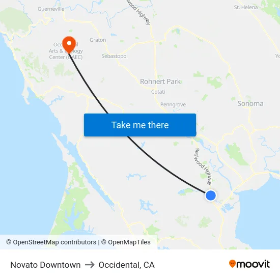Novato Downtown to Occidental, CA map