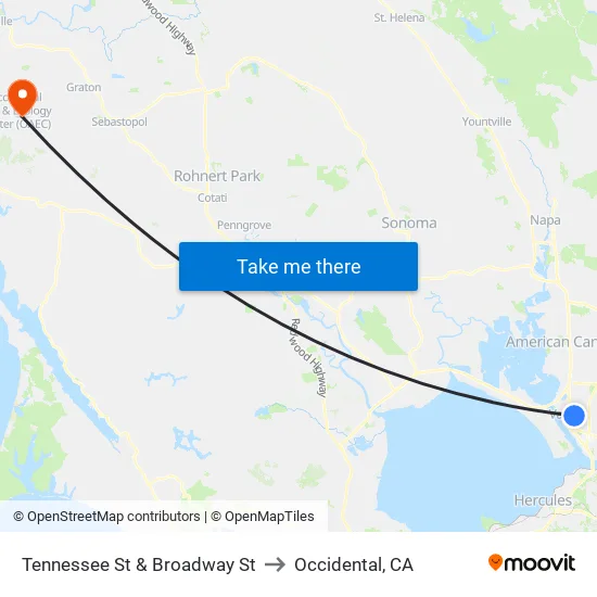 Tennessee St & Broadway St to Occidental, CA map