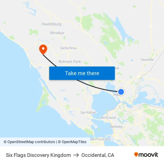 Six Flags Discovery Kingdom to Occidental, CA map