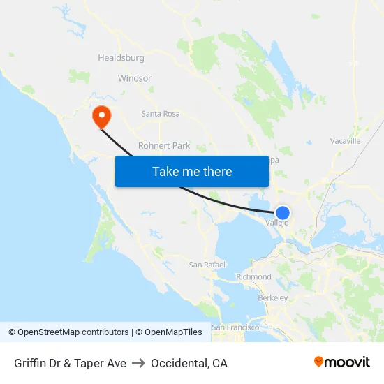 Griffin Dr & Taper Ave to Occidental, CA map