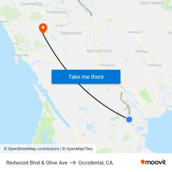 Redwood Blvd & Olive Ave to Occidental, CA map