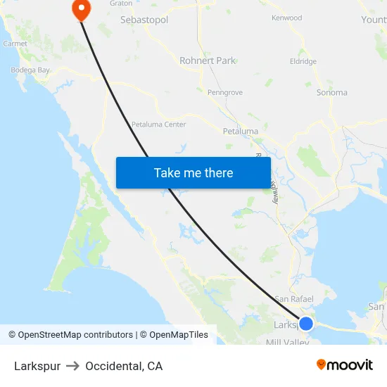 Larkspur to Occidental, CA map