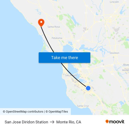 San Jose Diridon Station to Monte Rio, CA map