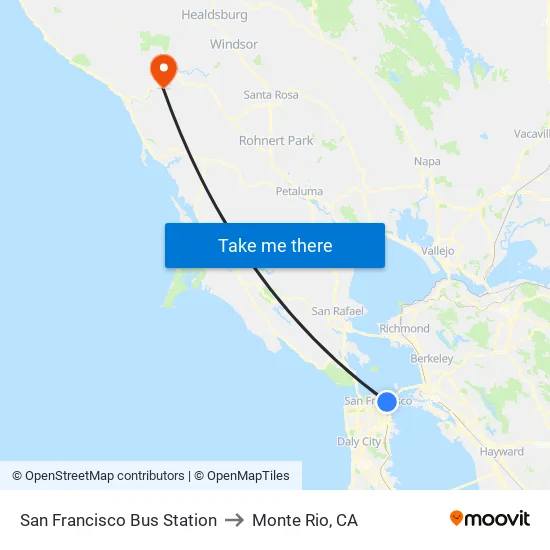 San Francisco Bus Station to Monte Rio, CA map