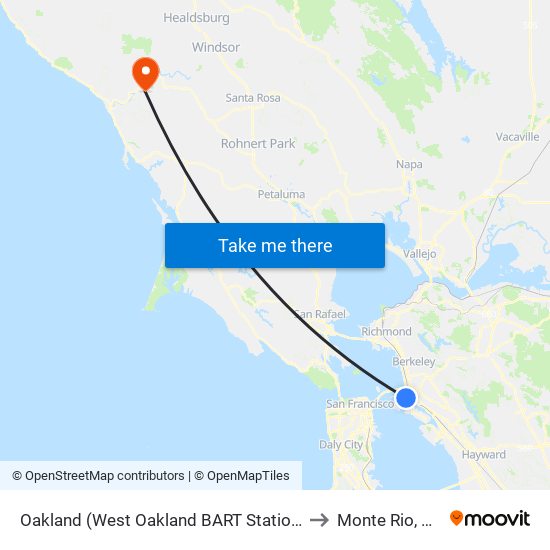 Oakland (West Oakland BART Station) to Monte Rio, CA map