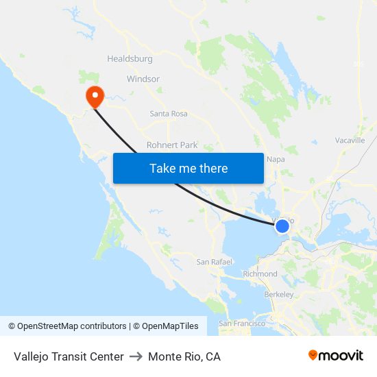 Vallejo Transit Center to Monte Rio, CA map