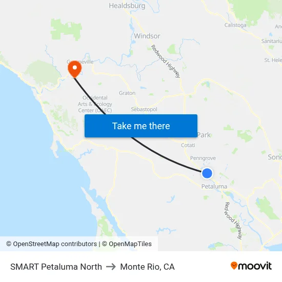 SMART Petaluma North to Monte Rio, CA map