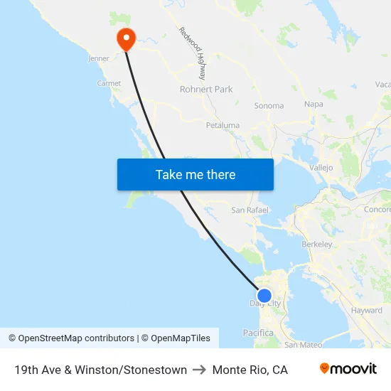 19th Ave & Winston/Stonestown to Monte Rio, CA map