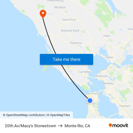 20th Av/Macy's Stonestown to Monte Rio, CA map