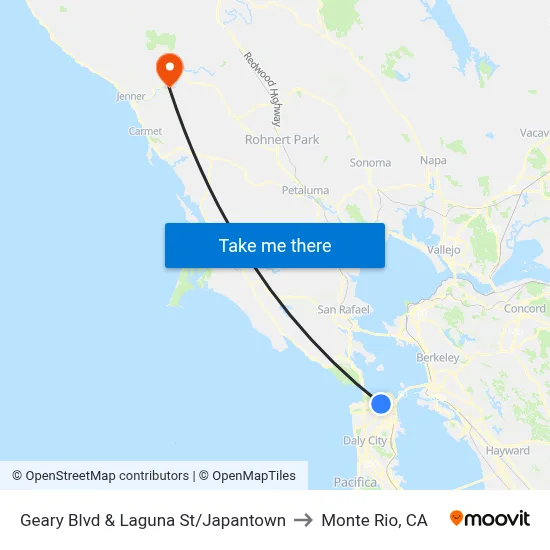 Geary Blvd & Laguna St/Japantown to Monte Rio, CA map