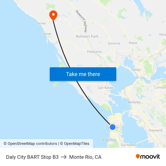 Daly City BART Stop B3 to Monte Rio, CA map