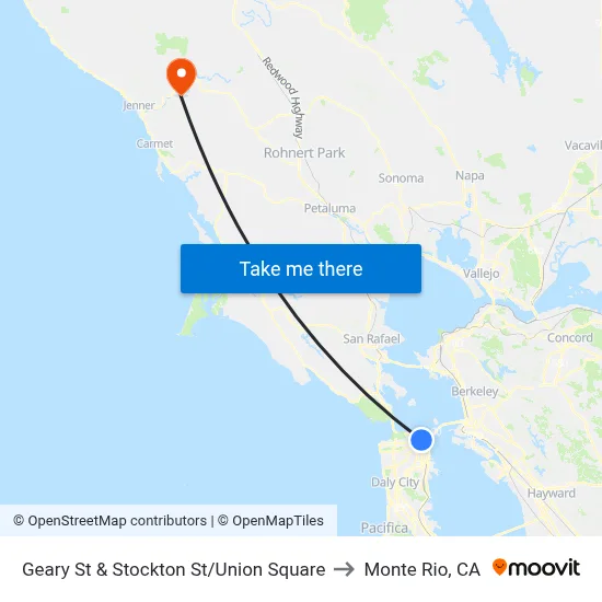 Geary St & Stockton St/Union Square to Monte Rio, CA map