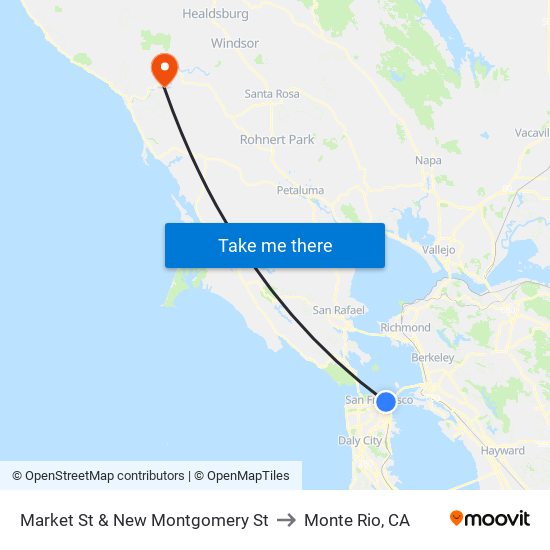 Market St & New Montgomery St to Monte Rio, CA map