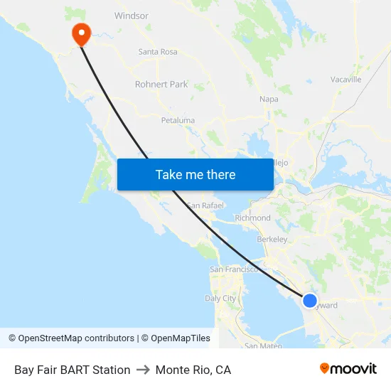 Bay Fair BART Station to Monte Rio, CA map