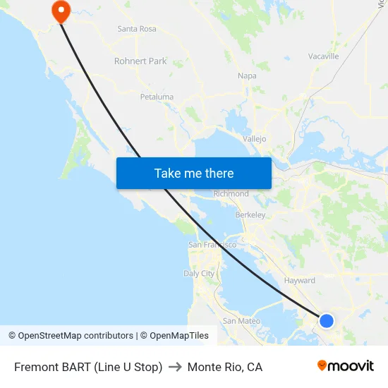 Fremont BART (Line U Stop) to Monte Rio, CA map