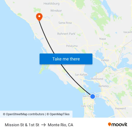 Mission St & 1st St to Monte Rio, CA map