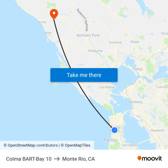 Colma BART-Bay 10 to Monte Rio, CA map