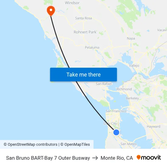 San Bruno BART-Bay 7 Outer Busway to Monte Rio, CA map
