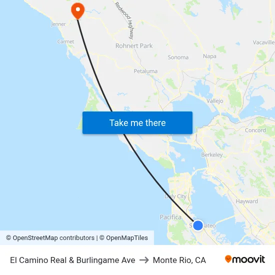 El Camino Real & Burlingame Ave to Monte Rio, CA map