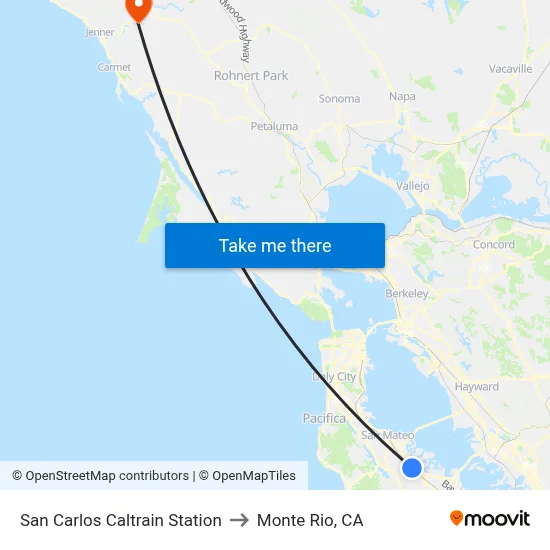San Carlos Caltrain Station to Monte Rio, CA map