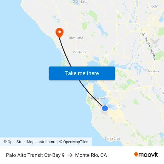 Palo Alto Transit Ctr-Bay 9 to Monte Rio, CA map