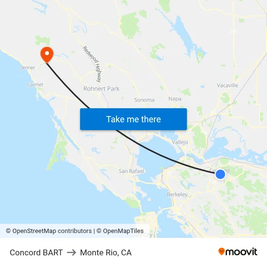 Concord BART to Monte Rio, CA map