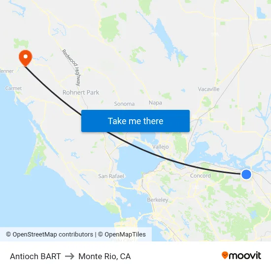 Antioch BART to Monte Rio, CA map
