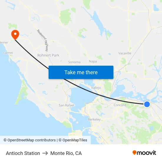 Antioch Station to Monte Rio, CA map