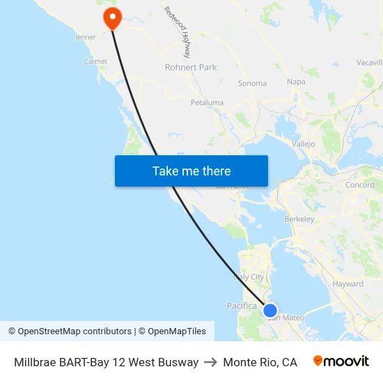 Millbrae BART-Bay 12 West Busway to Monte Rio, CA map