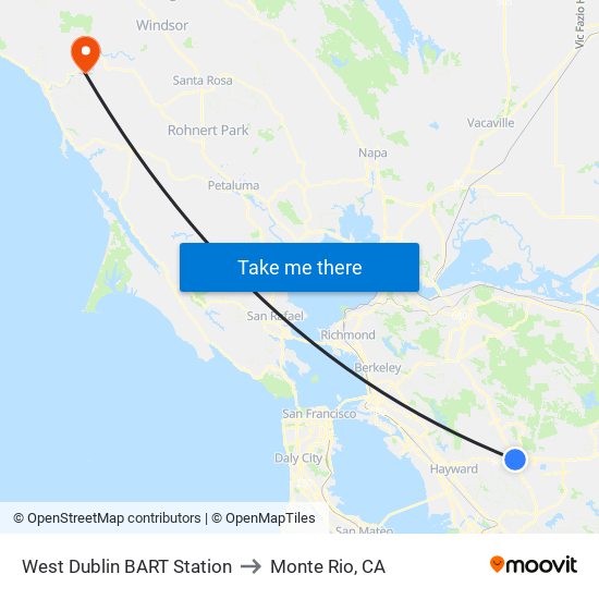 West Dublin BART Station to Monte Rio, CA map