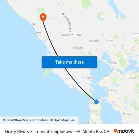 Geary Blvd & Fillmore St/Japantown to Monte Rio, CA map
