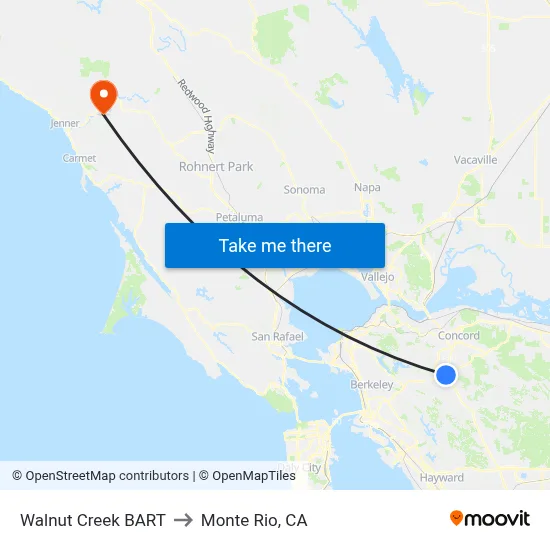 Walnut Creek BART to Monte Rio, CA map