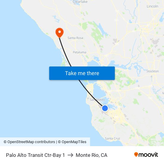 Palo Alto Transit Ctr-Bay 1 to Monte Rio, CA map