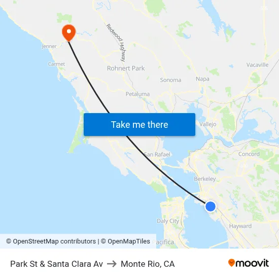 Park St & Santa Clara Av to Monte Rio, CA map