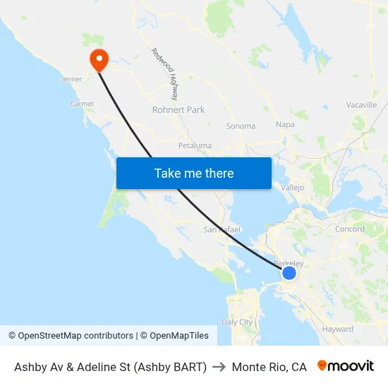 Ashby Av & Adeline St (Ashby BART) to Monte Rio, CA map