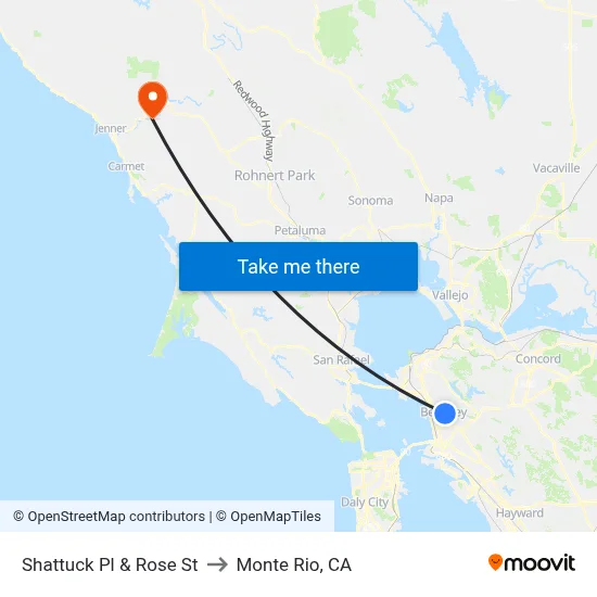 Shattuck Pl & Rose St to Monte Rio, CA map