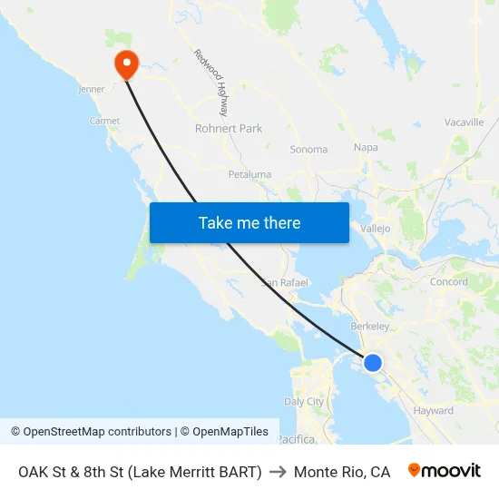 OAK St & 8th St (Lake Merritt BART) to Monte Rio, CA map