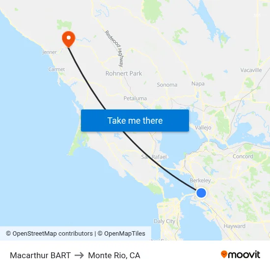 Macarthur BART to Monte Rio, CA map