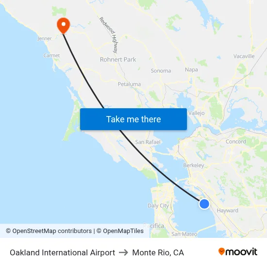 Oakland International Airport to Monte Rio, CA map
