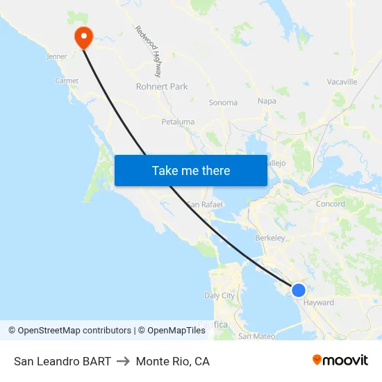 San Leandro BART to Monte Rio, CA map