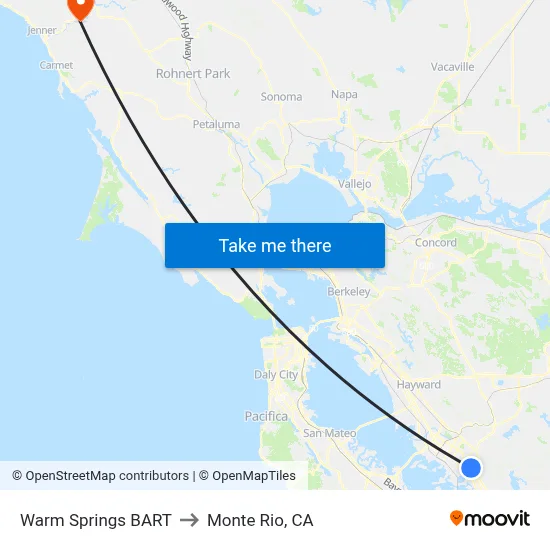 Warm Springs BART to Monte Rio, CA map
