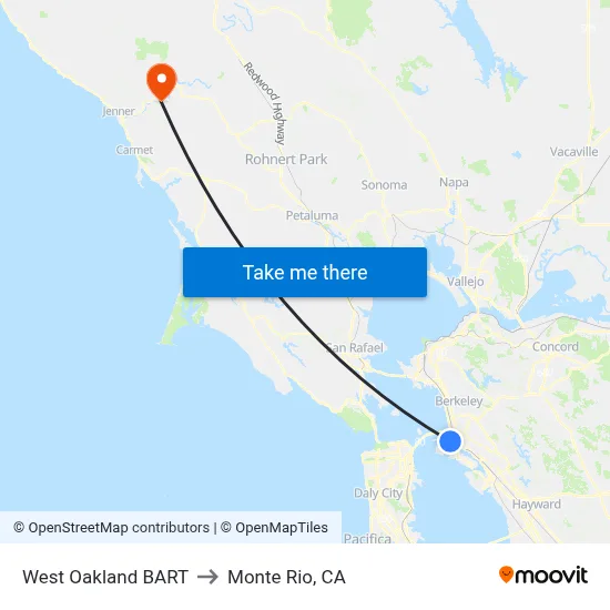 West Oakland BART to Monte Rio, CA map
