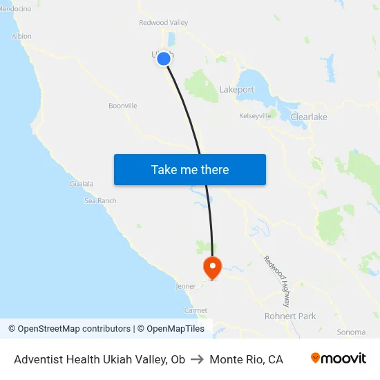 Adventist Health Ukiah Valley, Ob to Monte Rio, CA map