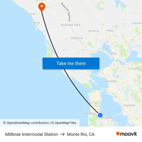 Millbrae Intermodal Station to Monte Rio, CA map