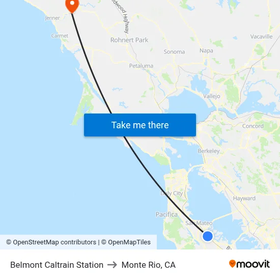 Belmont Caltrain Station to Monte Rio, CA map