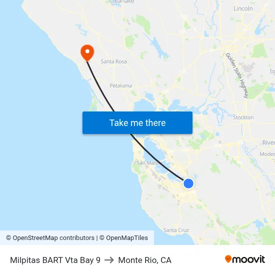 Milpitas BART Vta Bay 9 to Monte Rio, CA map