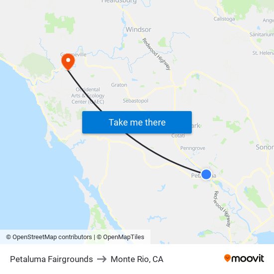 Petaluma Fairgrounds to Monte Rio, CA map