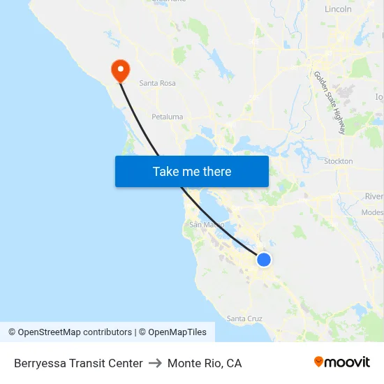 Berryessa Transit Center to Monte Rio, CA map
